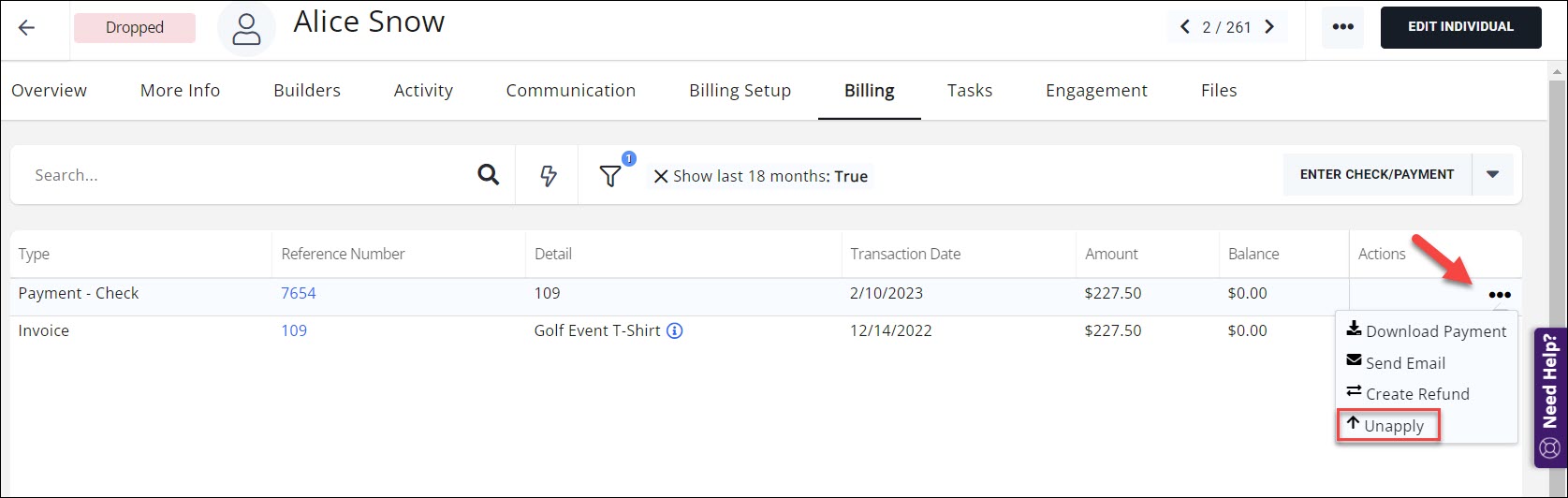 Contact billing tab