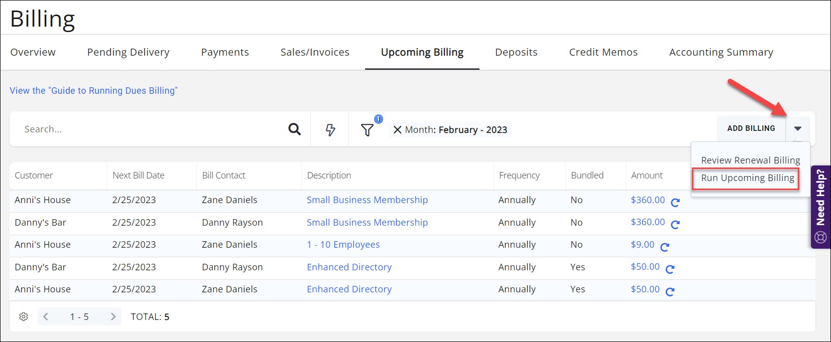 Upcoing billing tab indication location of Run Upcoming billing link