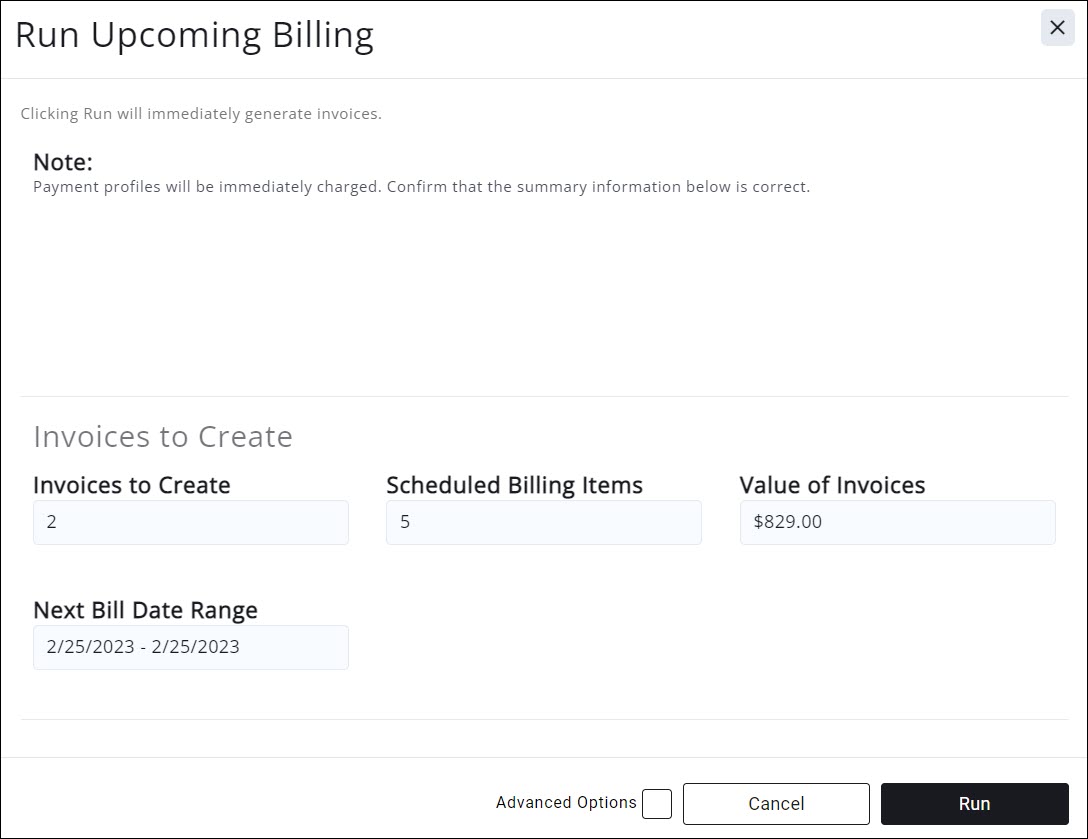 Run Upcoming billing screenshot