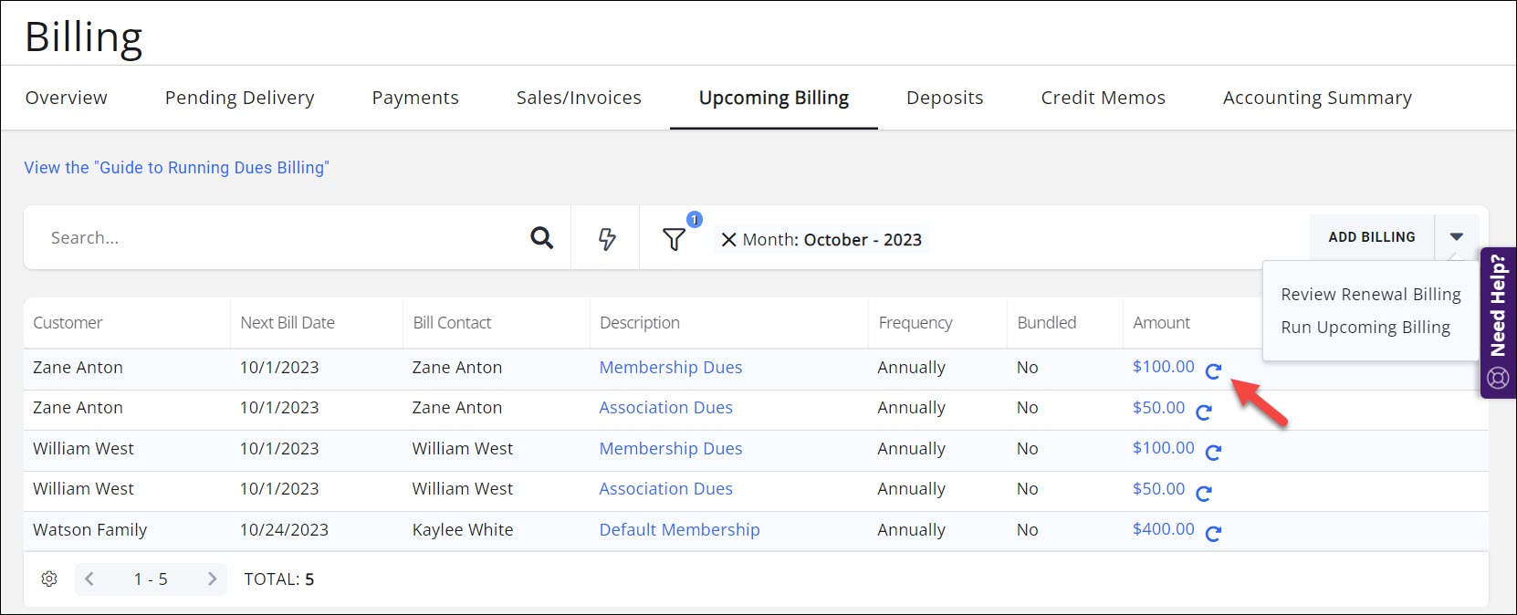 Upcoming Billing tab