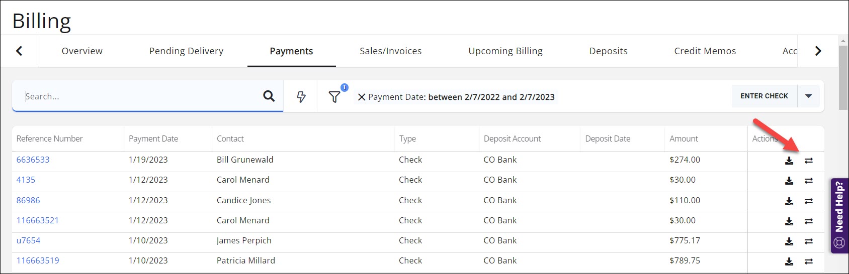 Payments tab in Billing Module