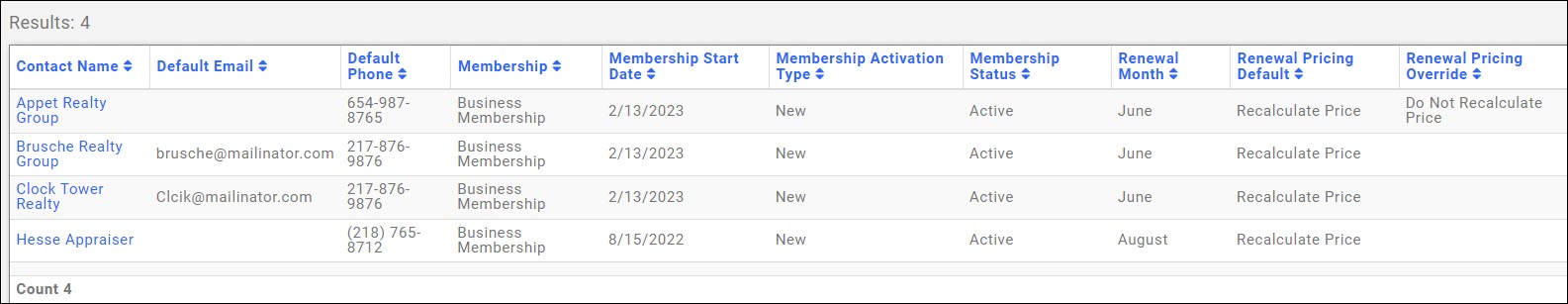 Membership Report displaying default and override fields