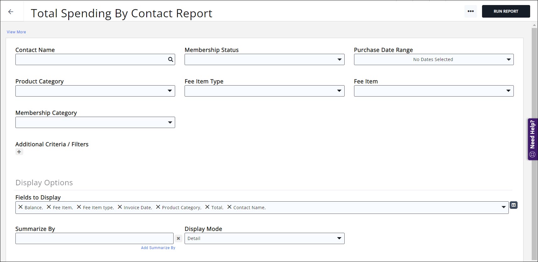 Total Spending by Contact report filtering options