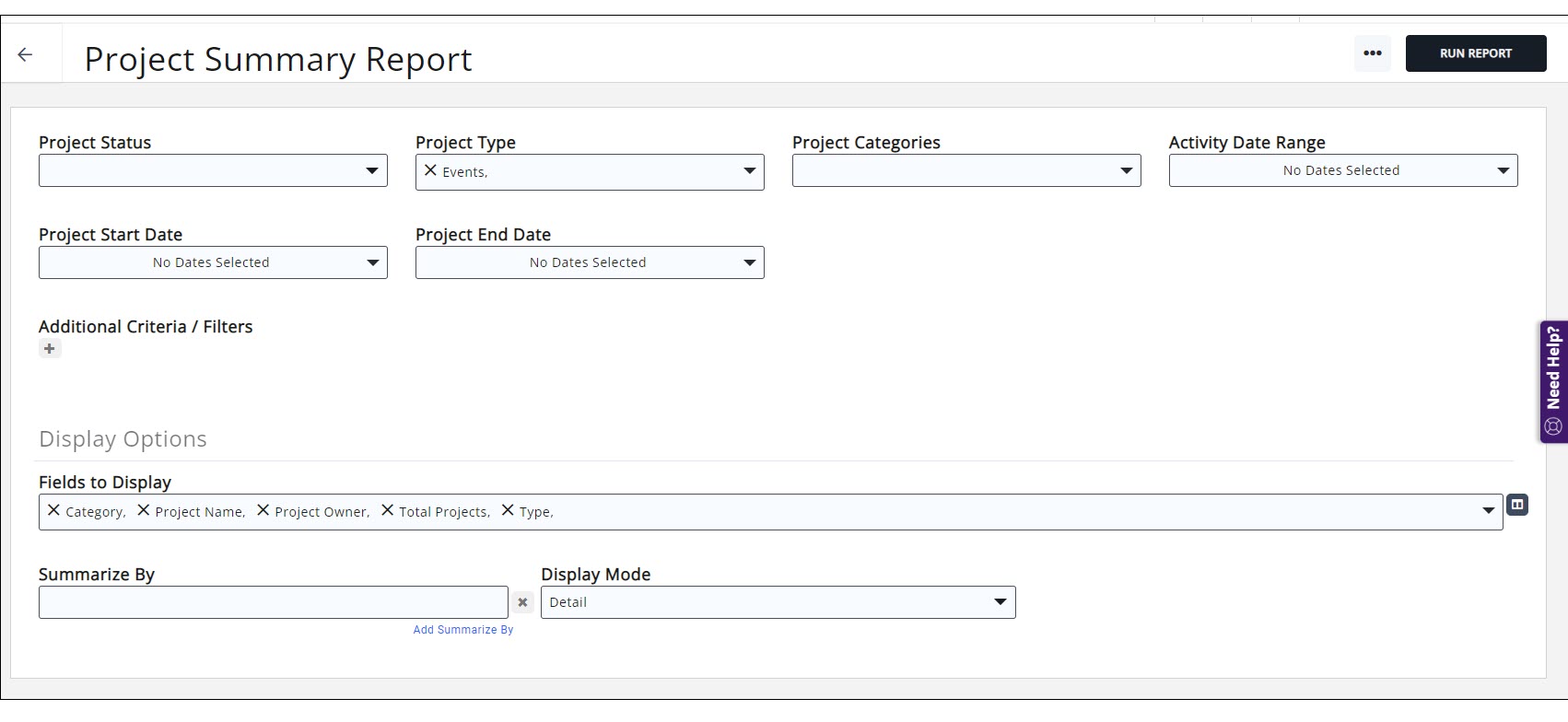 Project Summary Report filtering options