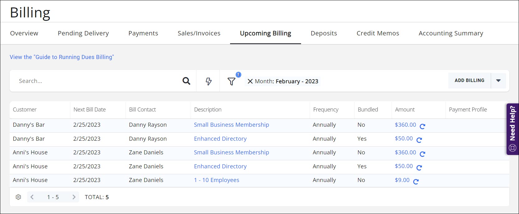 Upcoming Billing tab screenshot