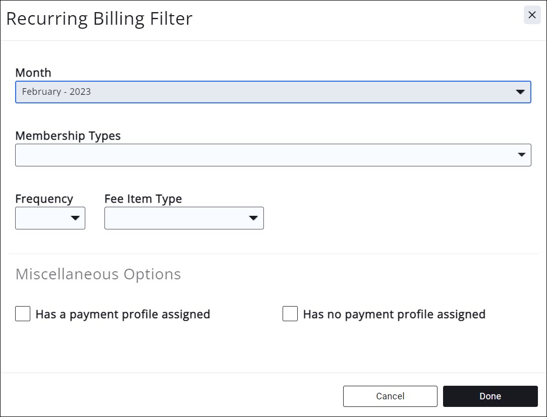 Upcoming Billing Filter optiosn