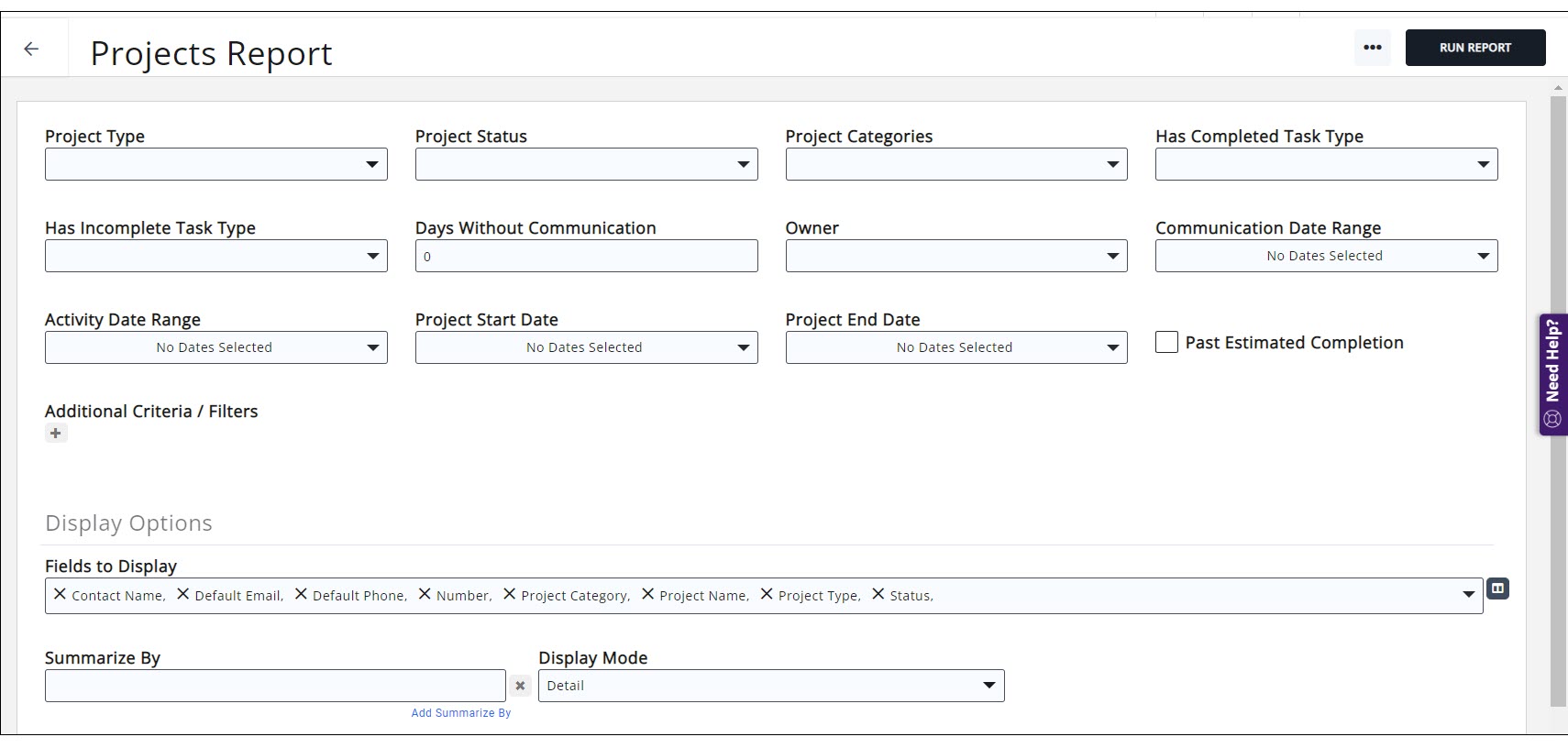 Projects report filter criteria