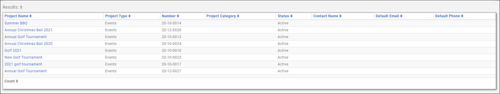 Projects report results based on filtering criteria
