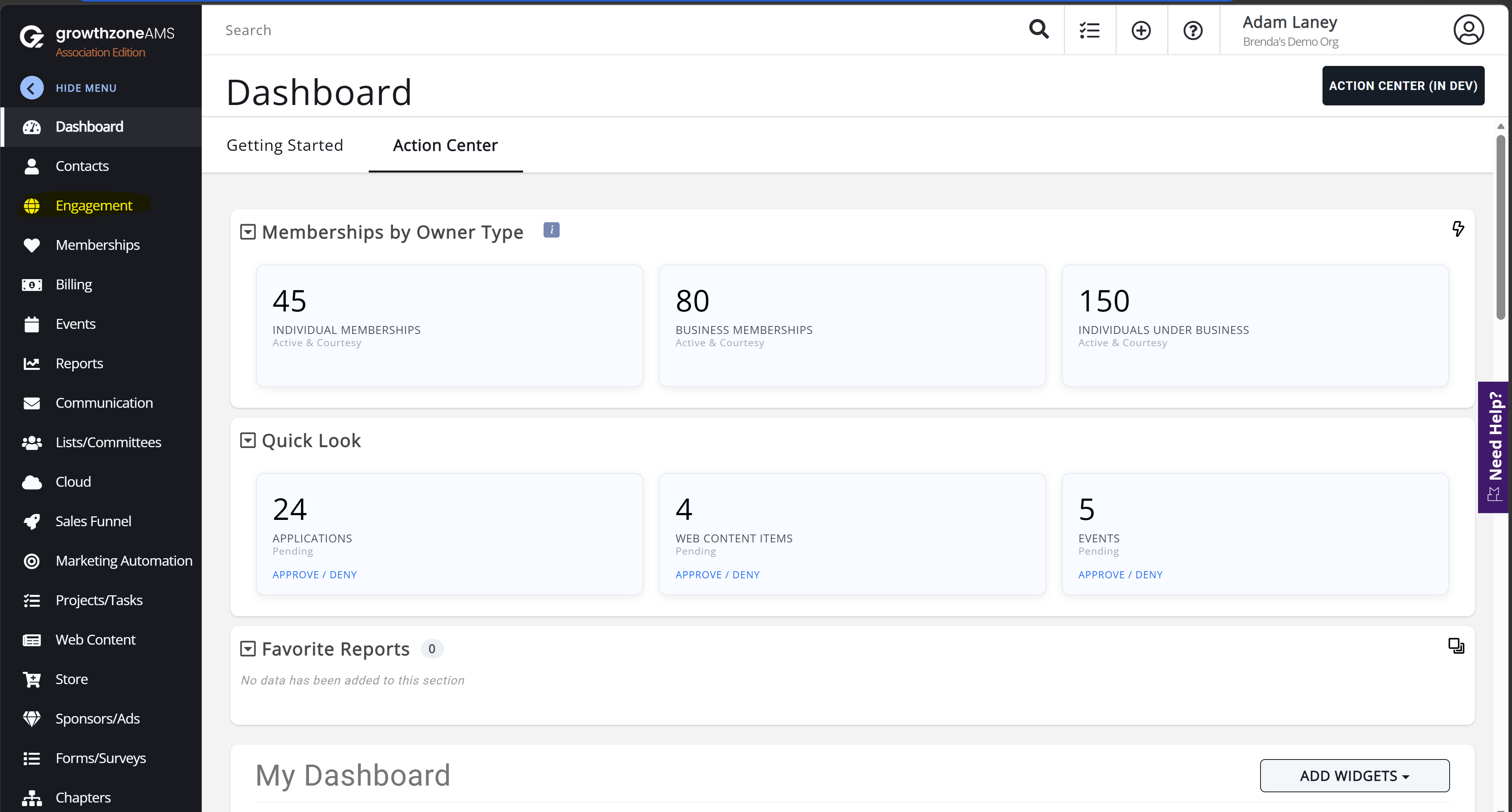 GrowthZone Engagement Overview score distribution dashboard