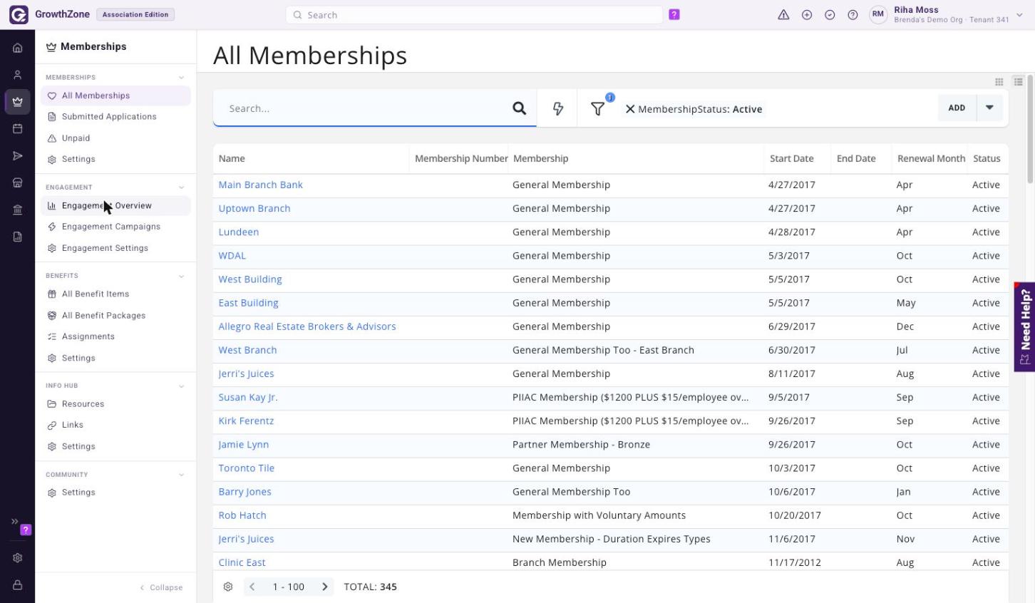 GrowthZone left-hand rail with Memberships open, showing the Engagement section and the Engagement Overview link highlighted