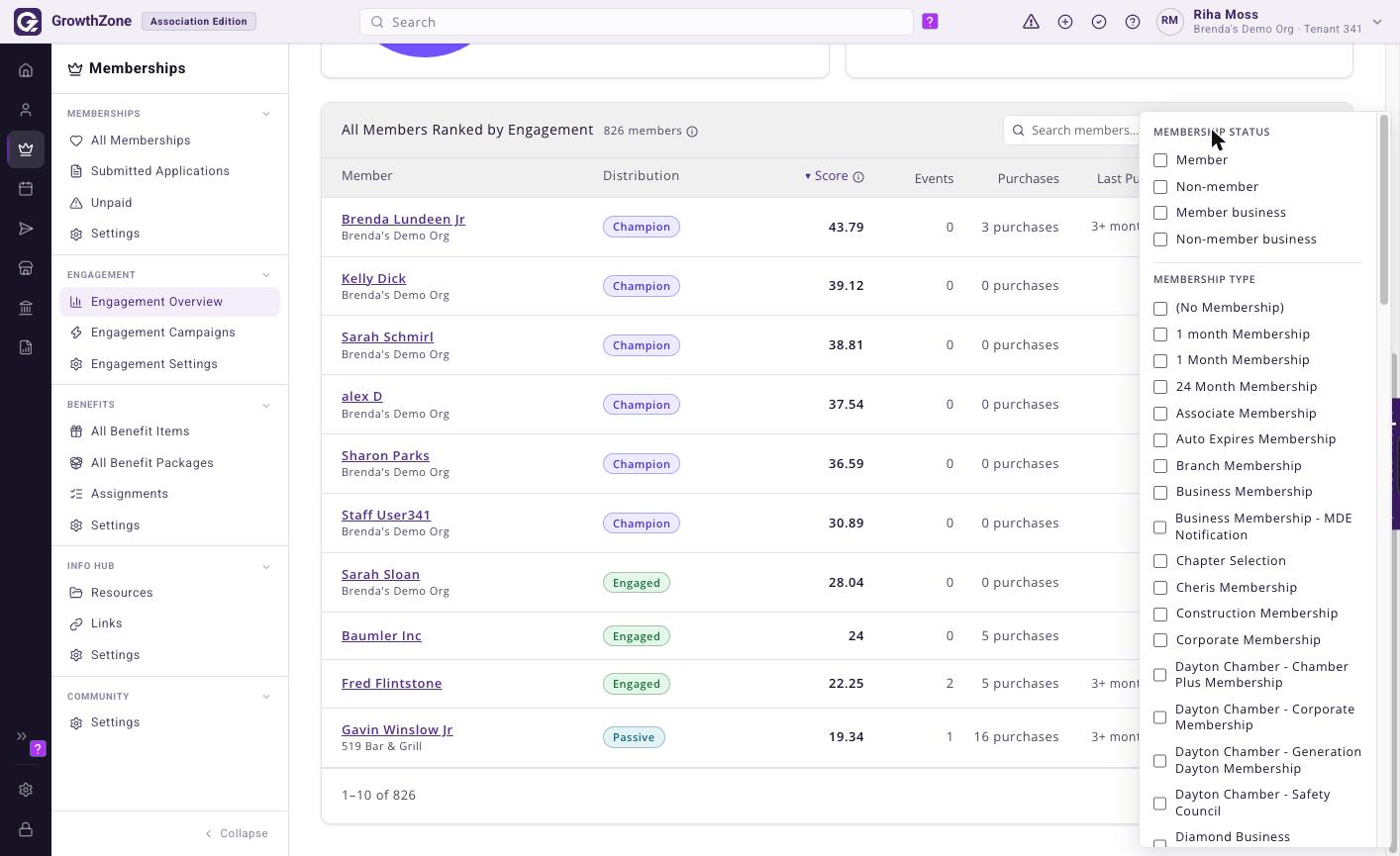 GrowthZone Filter panel open on the Engagement Overview, showing the Membership Status and Membership Type sections