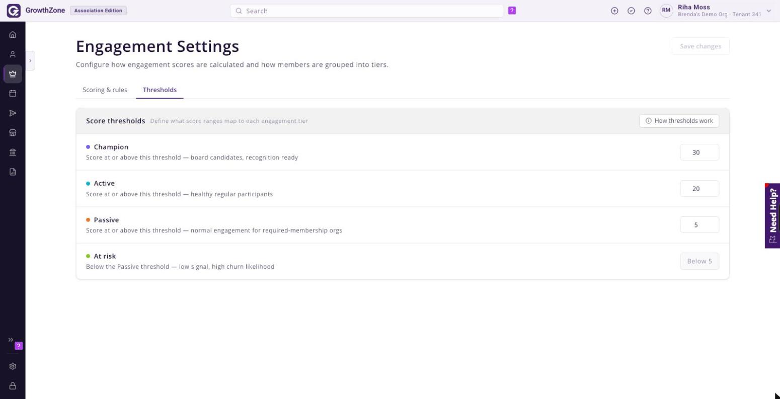 Thresholds tab showing the Champion, Active, Passive, and At risk fields, with At risk read-only as Below 5