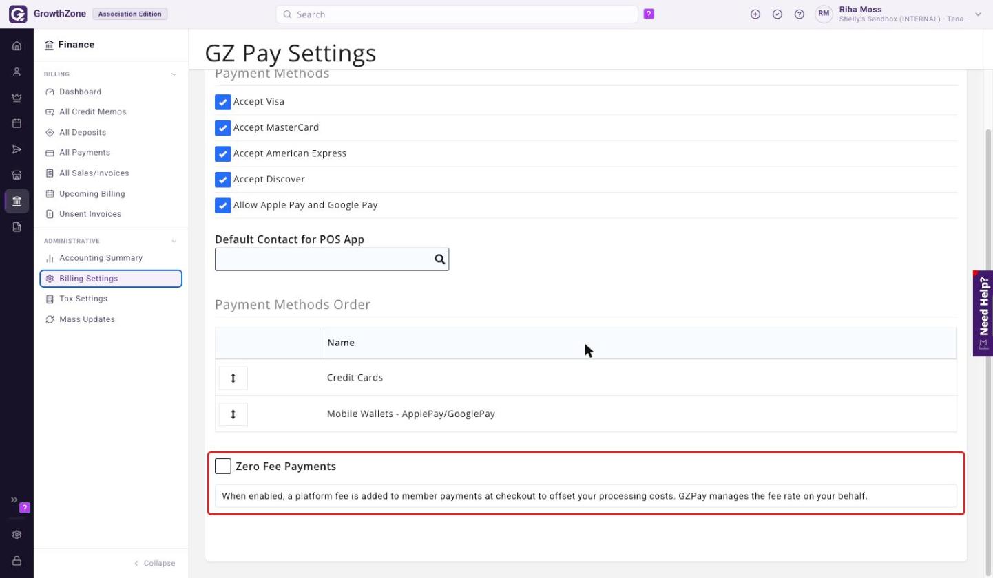 Zero Fee Payments checkbox and SAVE button