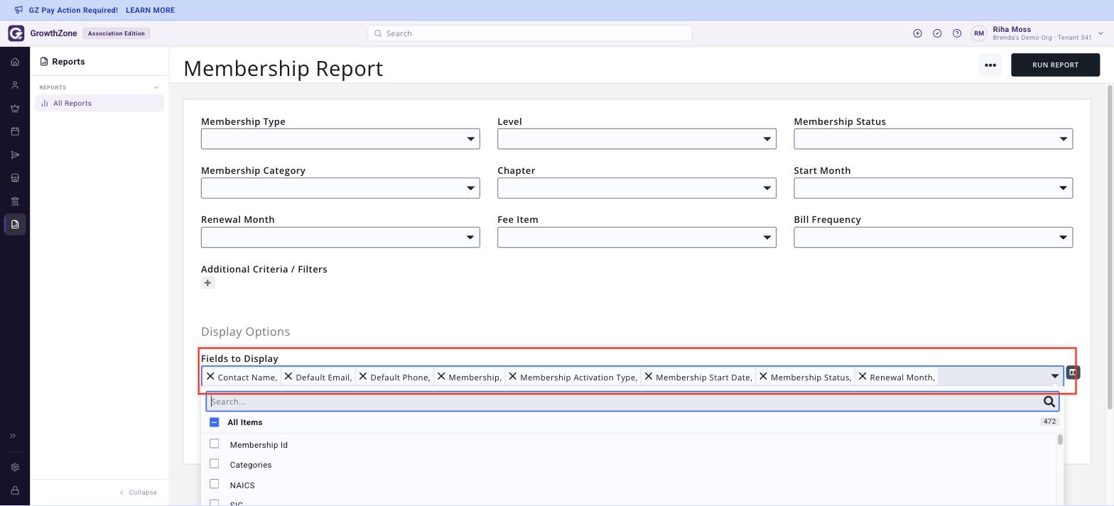 Membership Report with the Fields to Display control outlined in red and the field list open, showing the search box and the All Items count