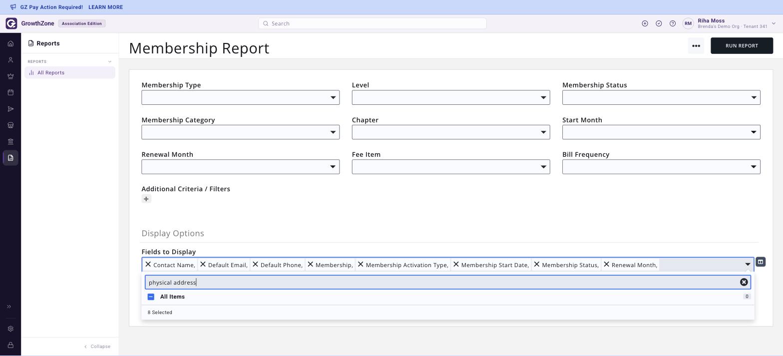 Membership Report field list searched for physical address, returning an All Items count of 0