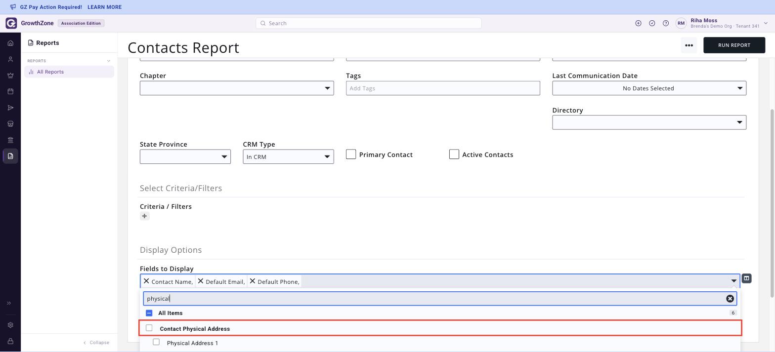 Contacts Report field list searched for physical, showing the Contact Physical Address group outlined in red