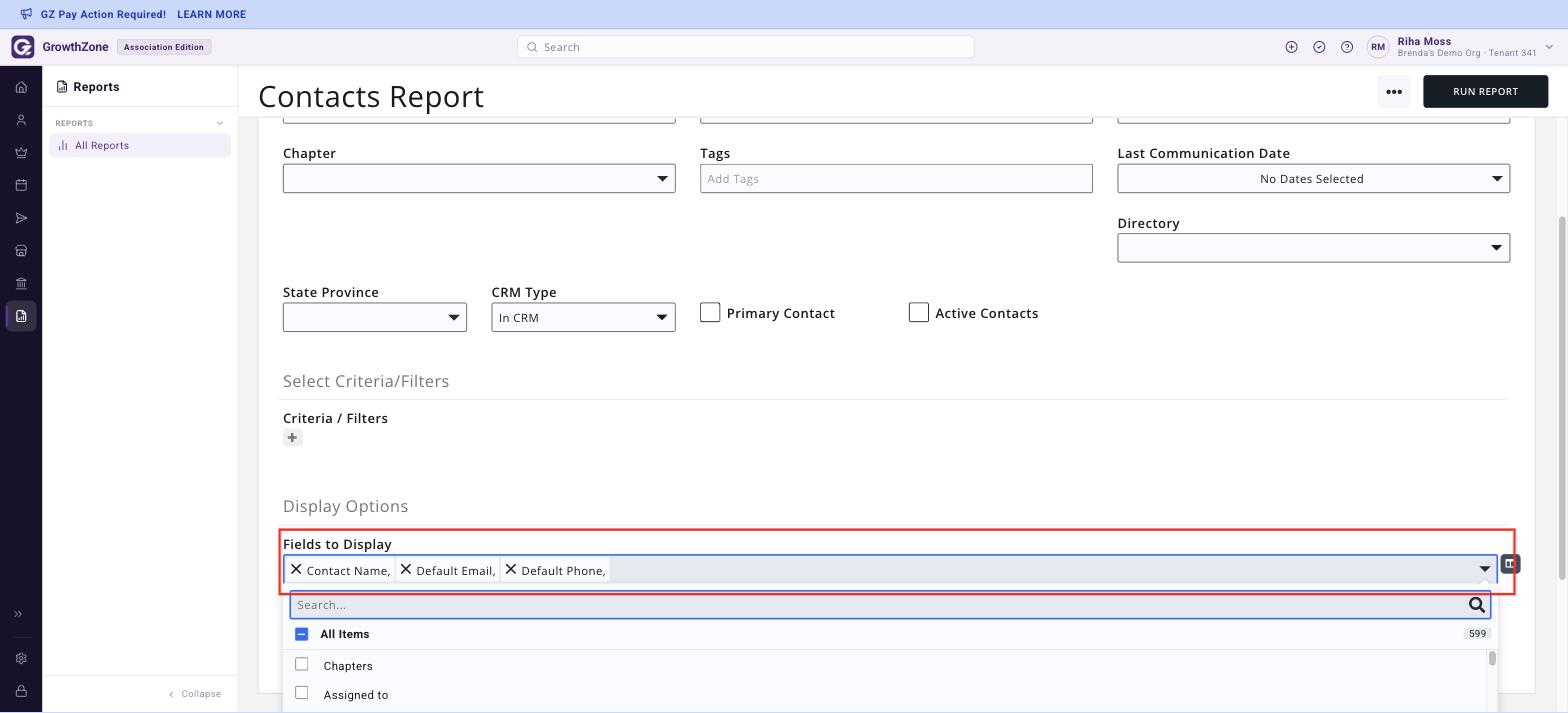 Contacts Report with the Fields to Display control outlined in red and the field list open, showing the search box and the All Items count