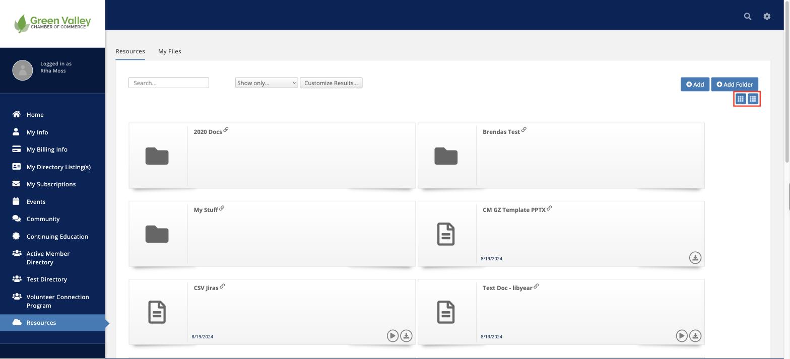 Resources tab in card view with the View as Cards and View as Table/List icons outlined in red
