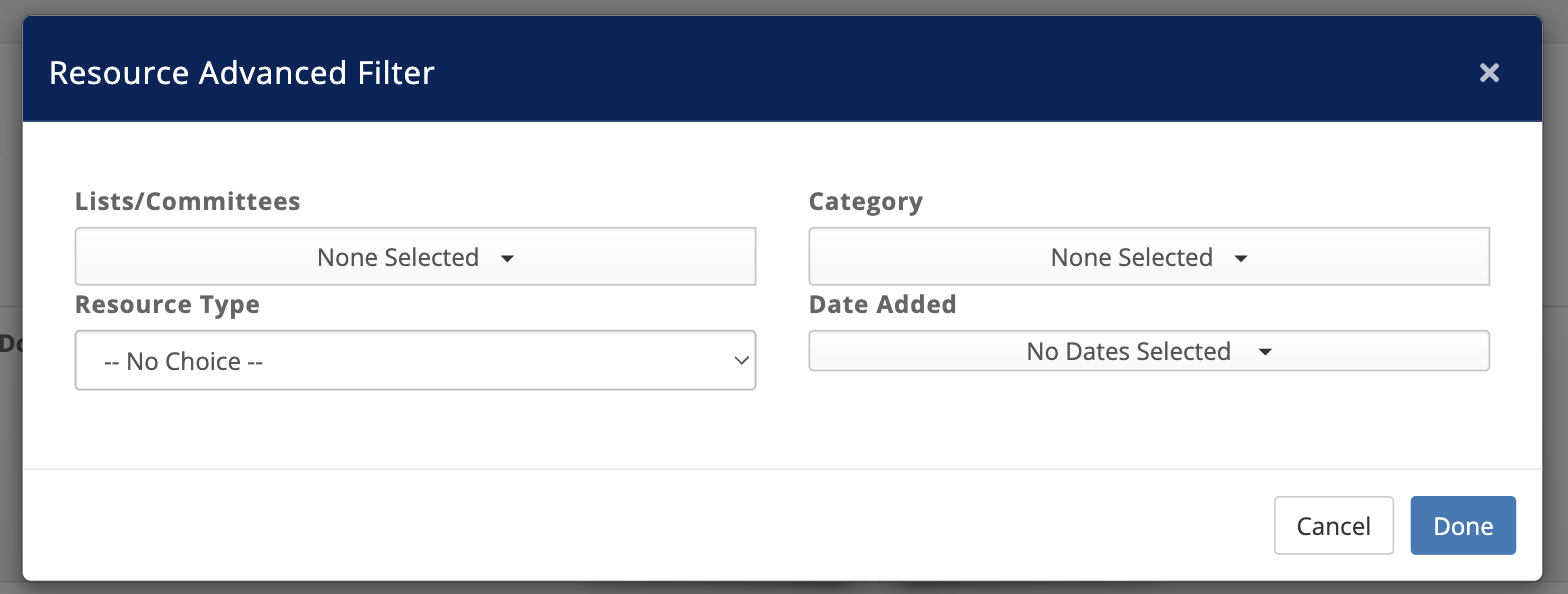 Resource Advanced Filter dialog showing the Lists/Committees, Category, Resource Type and Date Added fields