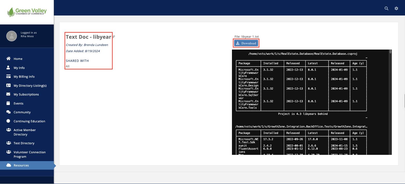 Resource detail page showing Created By, Date Added, Shared With, the file name, the Download button and an inline preview