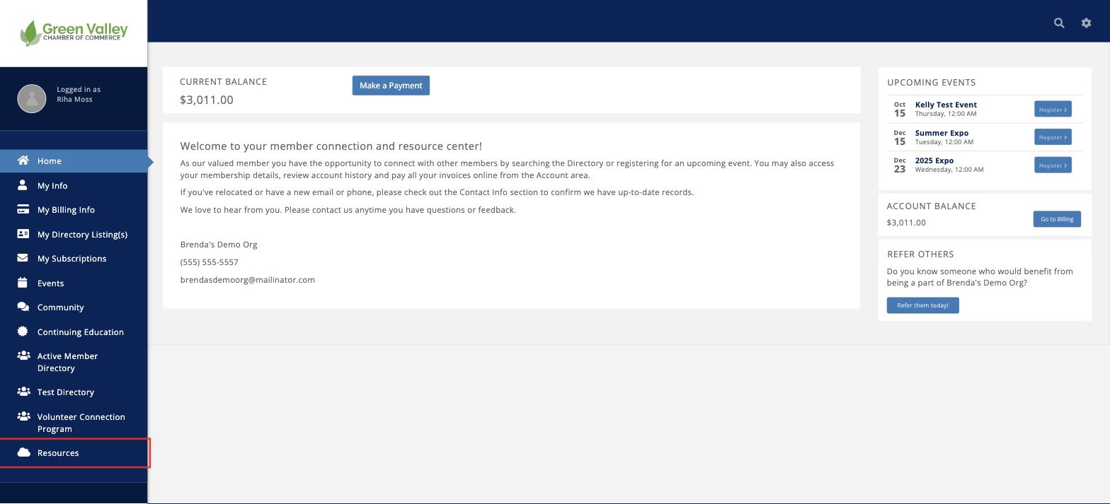 Info Hub with Resources outlined in red in the left-hand menu
