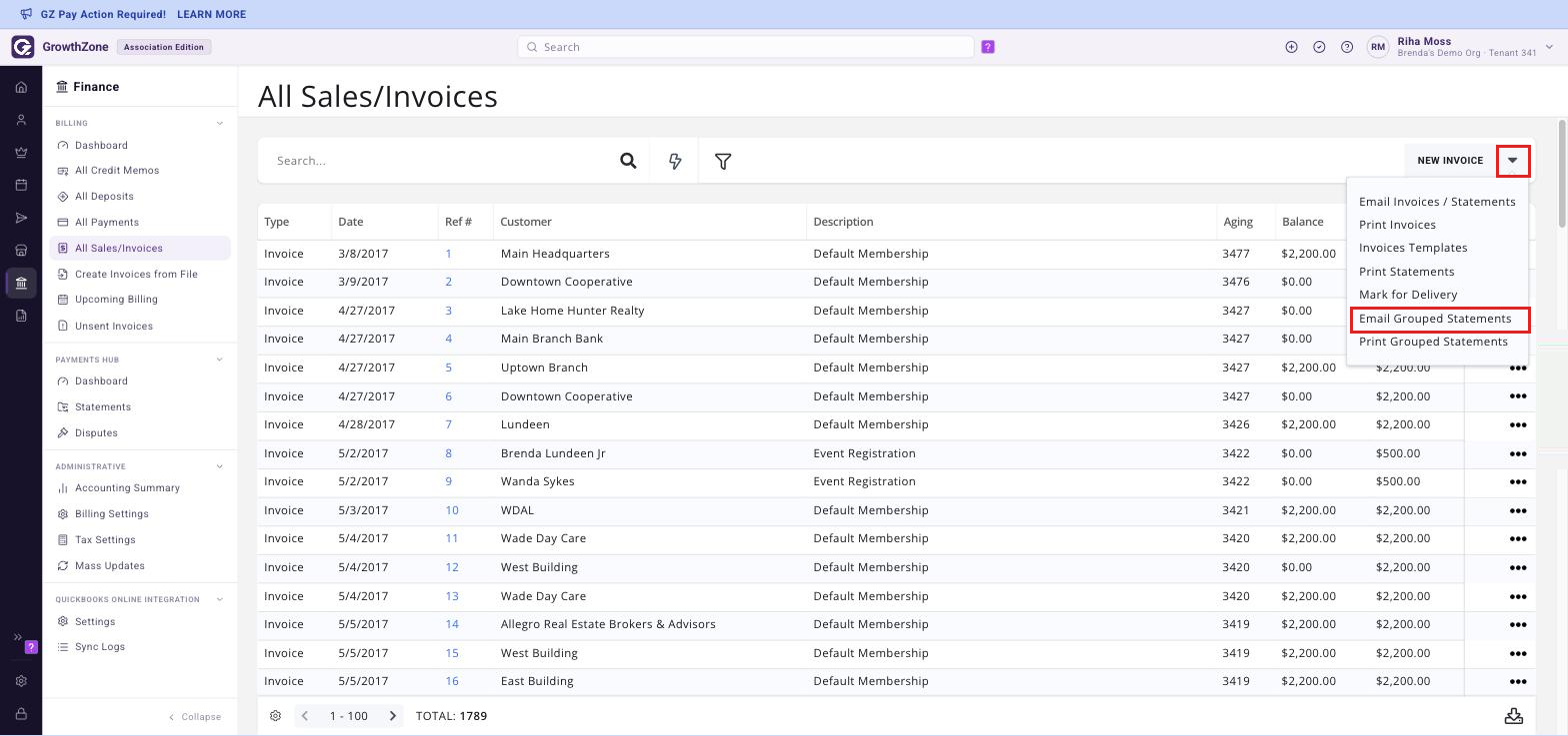 All Sales/Invoices page under Finance > Billing, with the arrow beside NEW INVOICE open and Email Grouped Statements boxed