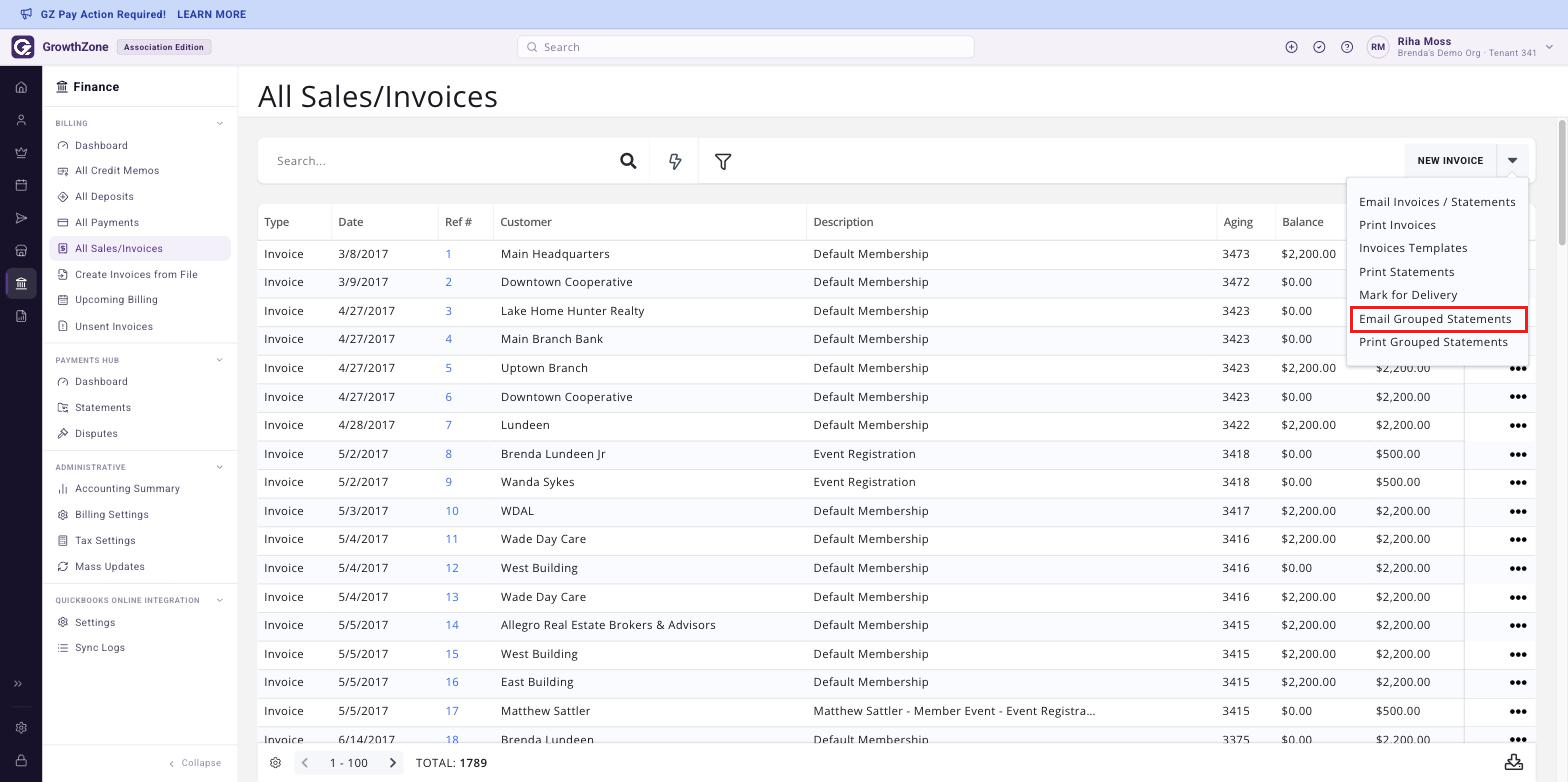 NEW INVOICE drop-down expanded on the All Sales/Invoices page with Email Grouped Statements highlighted