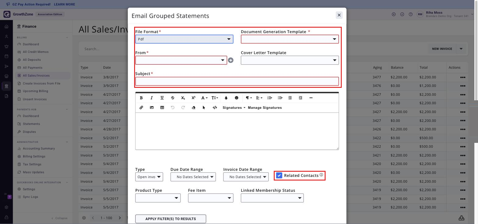 Email Grouped Statements window showing File Format, Document Generation Template, From, Cover Letter Template and Subject, with the Related Contacts check-box boxed.