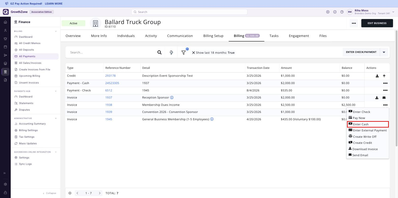 Actions menu open on an invoice row, cropped to the menu, with Enter Cash boxed