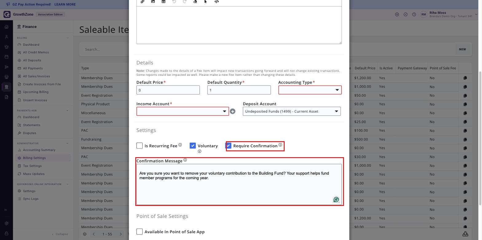 Add Fee Item panel with Require Confirmation enabled and an example prompt in the Confirmation Message box
