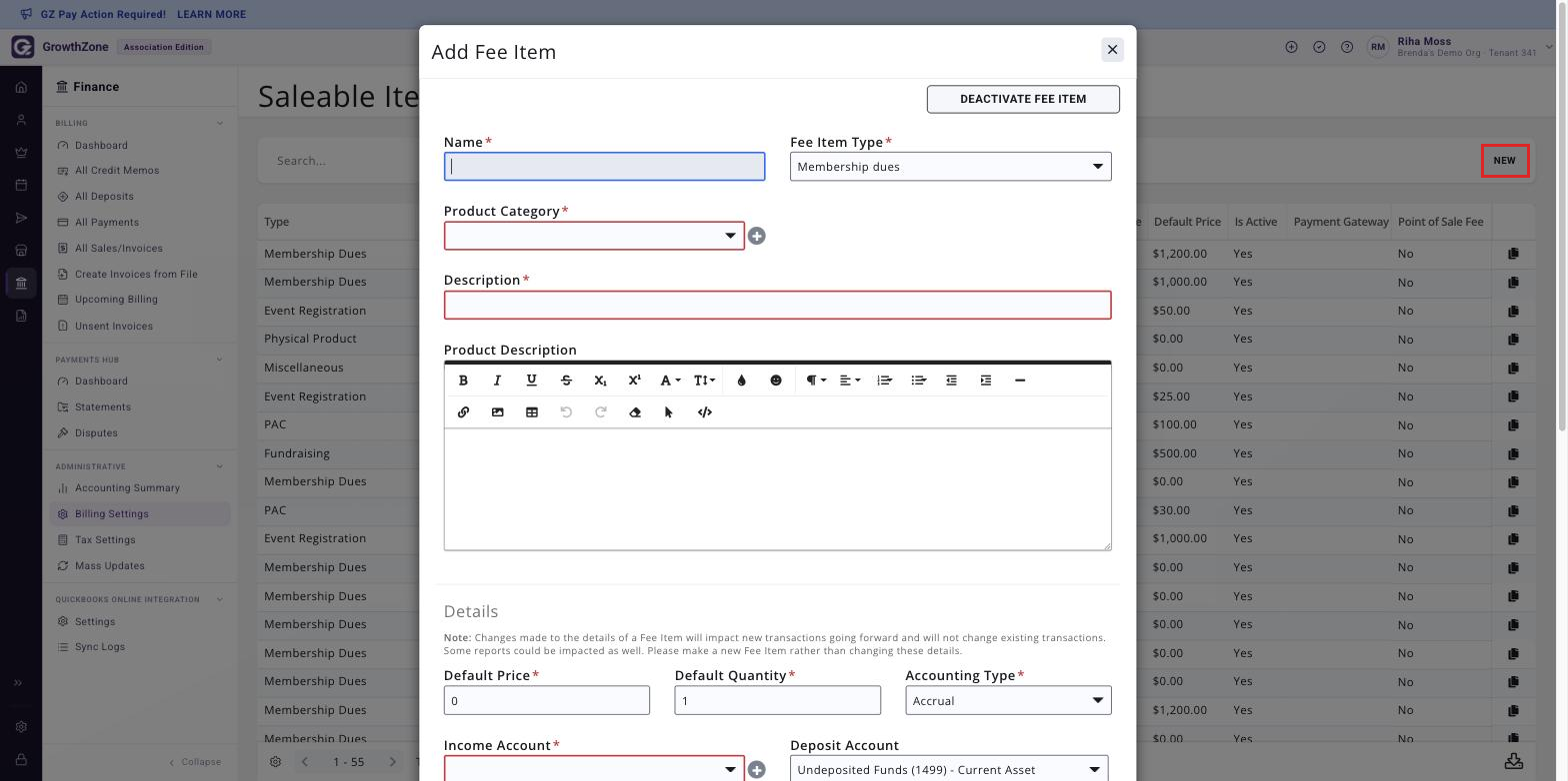 Fee Items page with the NEW button boxed and the Add Fee Item panel it opens