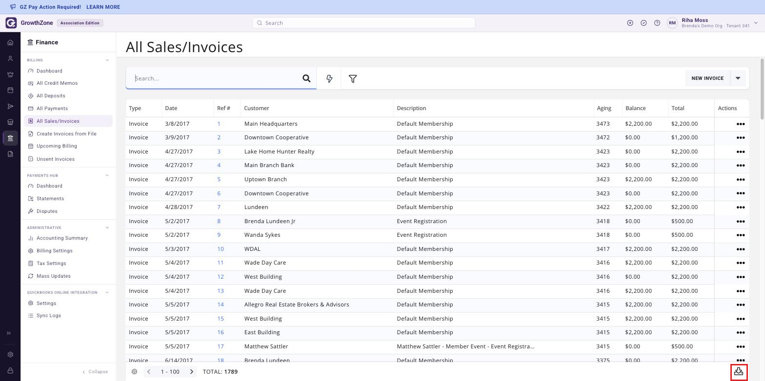 All Sales/Invoices page under Finance > Billing with the filter controls visible and the download icon boxed