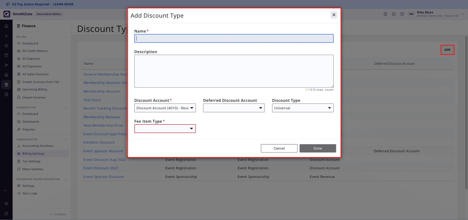 Discount Types page with the Add button boxed, and the Add Discount Type screen it opens