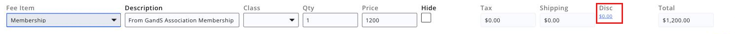 invoice line item row with the Disc. column hyper-link boxed. Crop to the line item row only