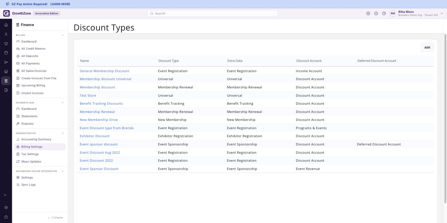 Discount Types page under Finance > Administrative > Billing Settings, showing the list of existing discount types