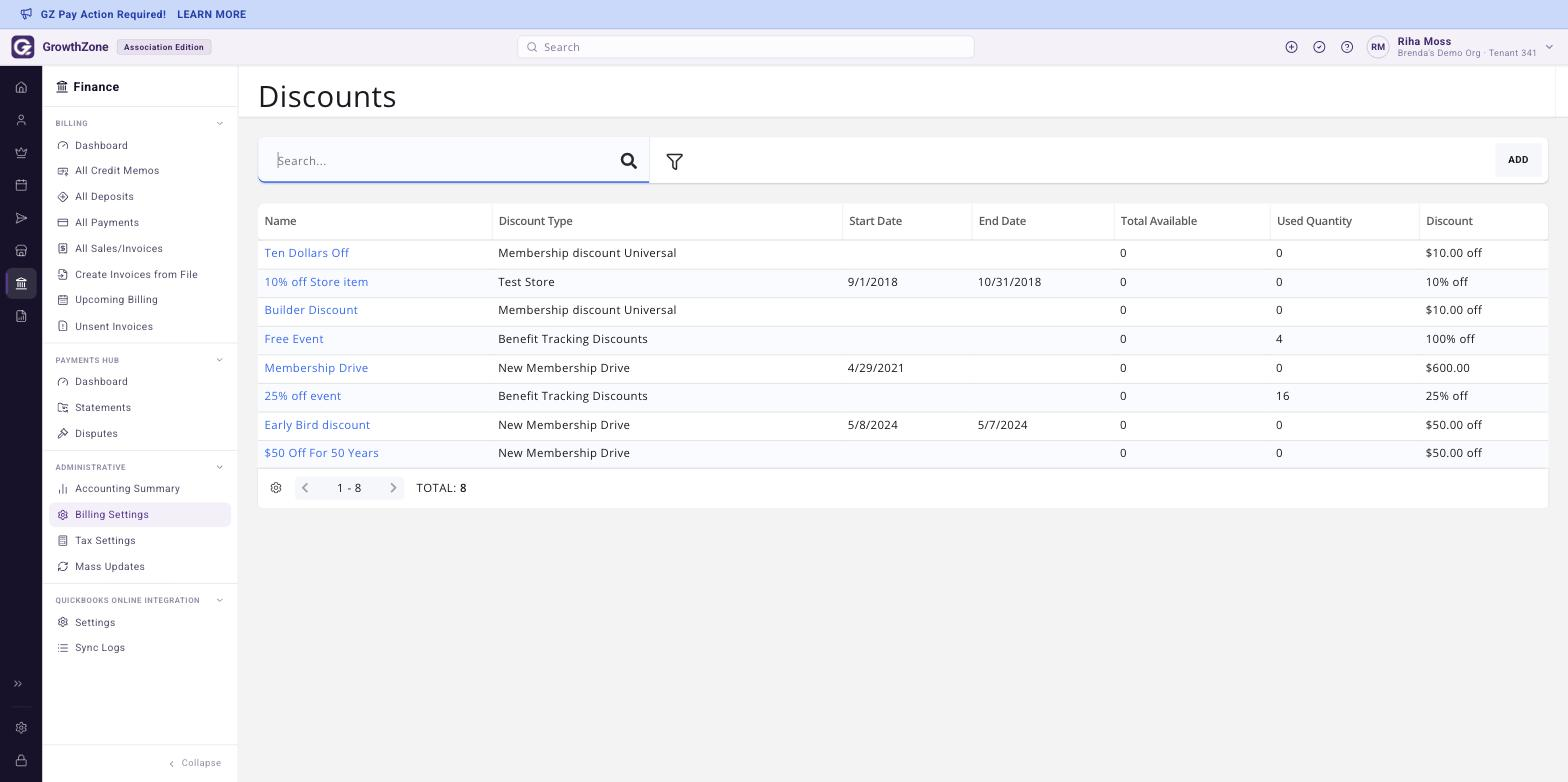 Discounts page under Finance > Administrative > Billing Settings, showing the list of configured discounts