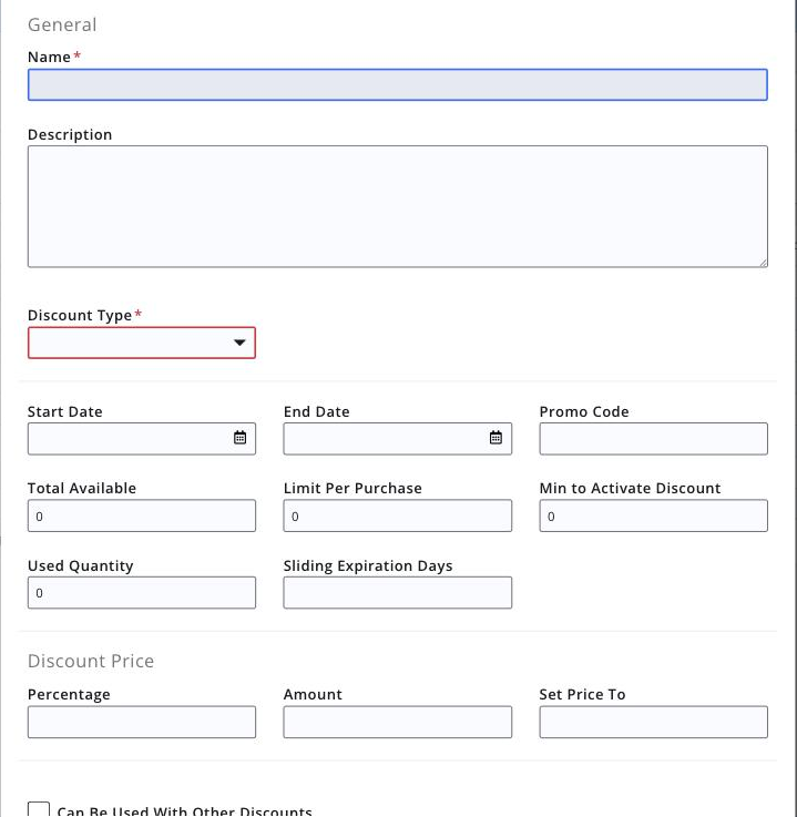 Add Discount screen opened from the Add button, showing the Name, Description, Discount Type and discounting method fields