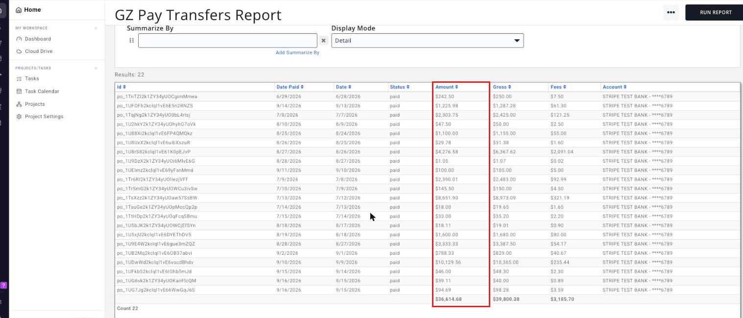 GZ Pay Transfers Report results with the Amount column boxed for comparison against the QuickBooks deposit total