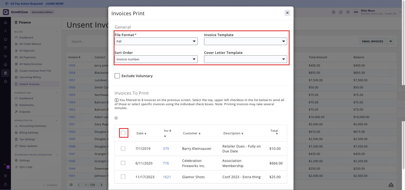 Invoices Print window showing File Format, Invoice Template, Sort Order and Cover Letter Template, with the select-all check-box at the top of the Invoices To Print list boxed