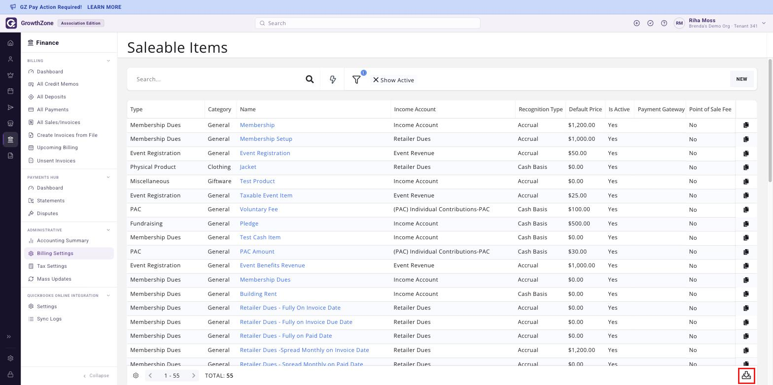 Fee Items page with the Download option boxed