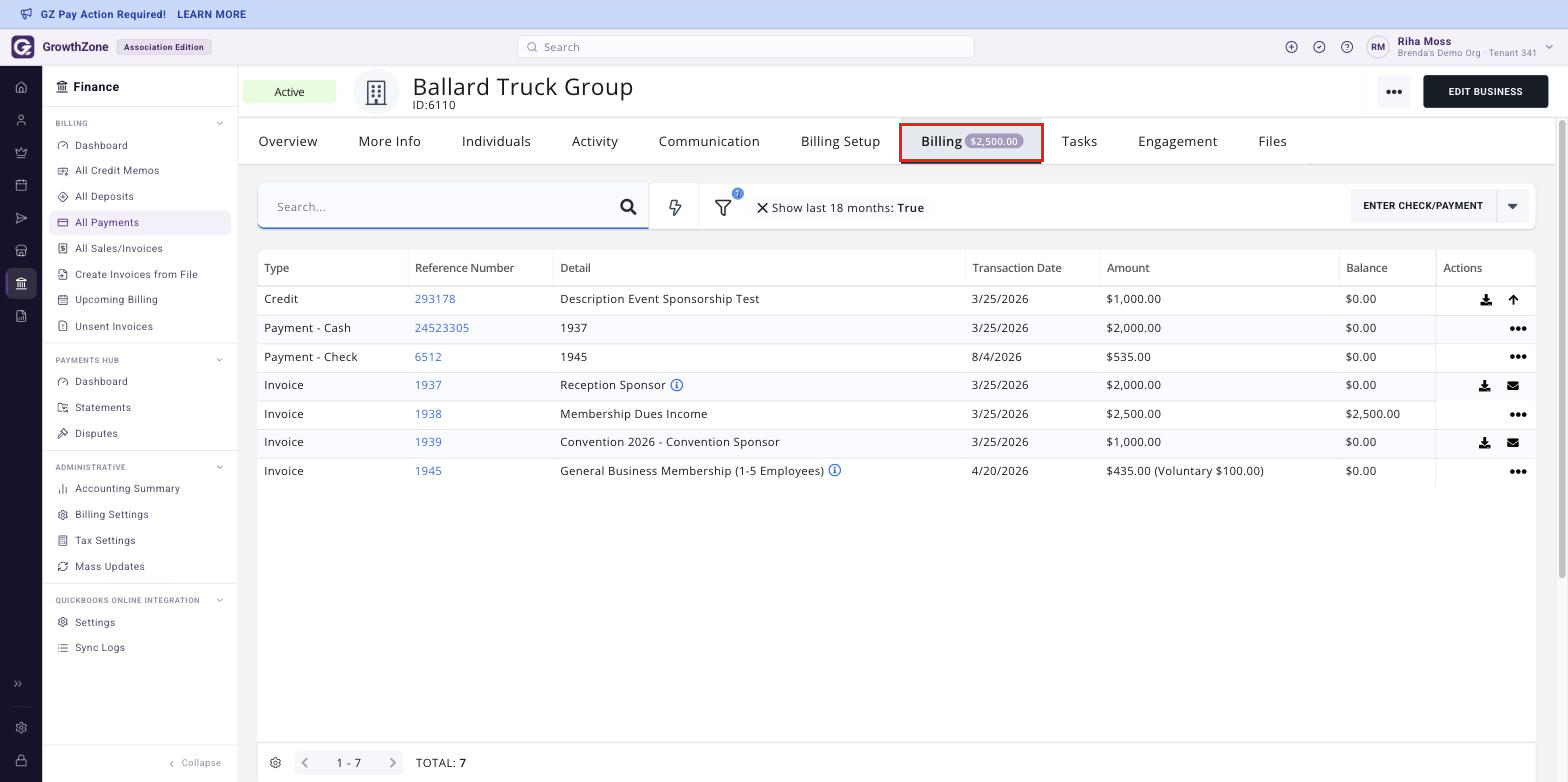 Contact record with the Billing tab selected and the invoice list visible, Billing tab boxed