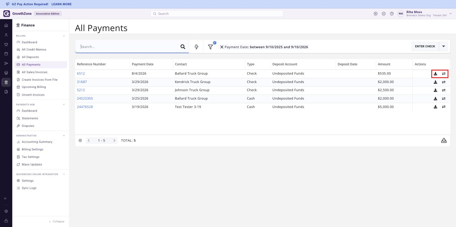 All Payments page with the actions icon in the Actions column boxed on a payment row