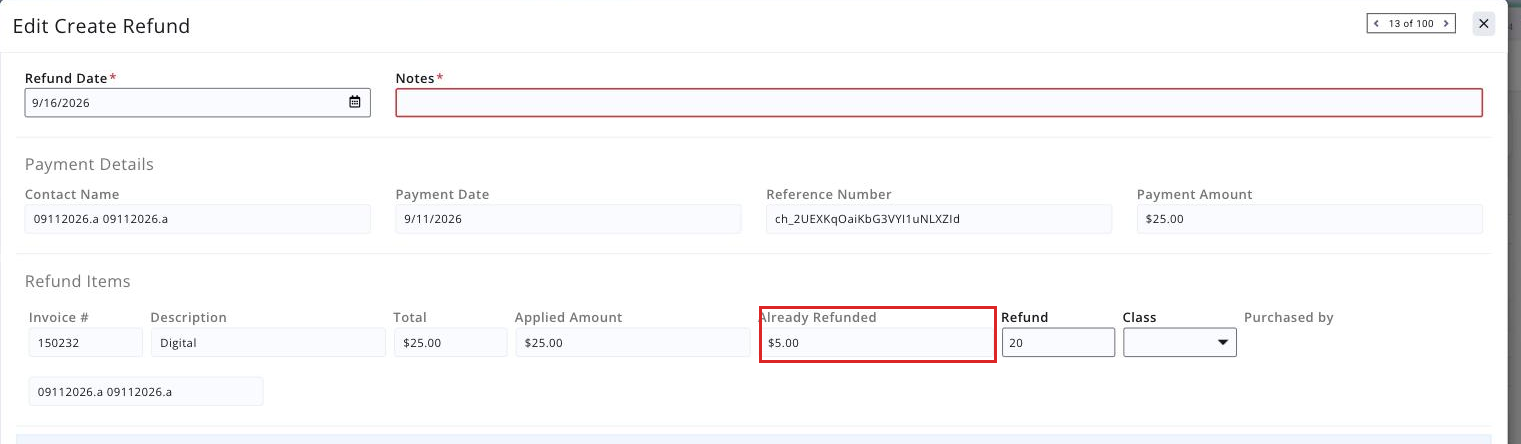 Create Refund screen showing the Already Refunded amount for a previously part-refunded payment, boxed