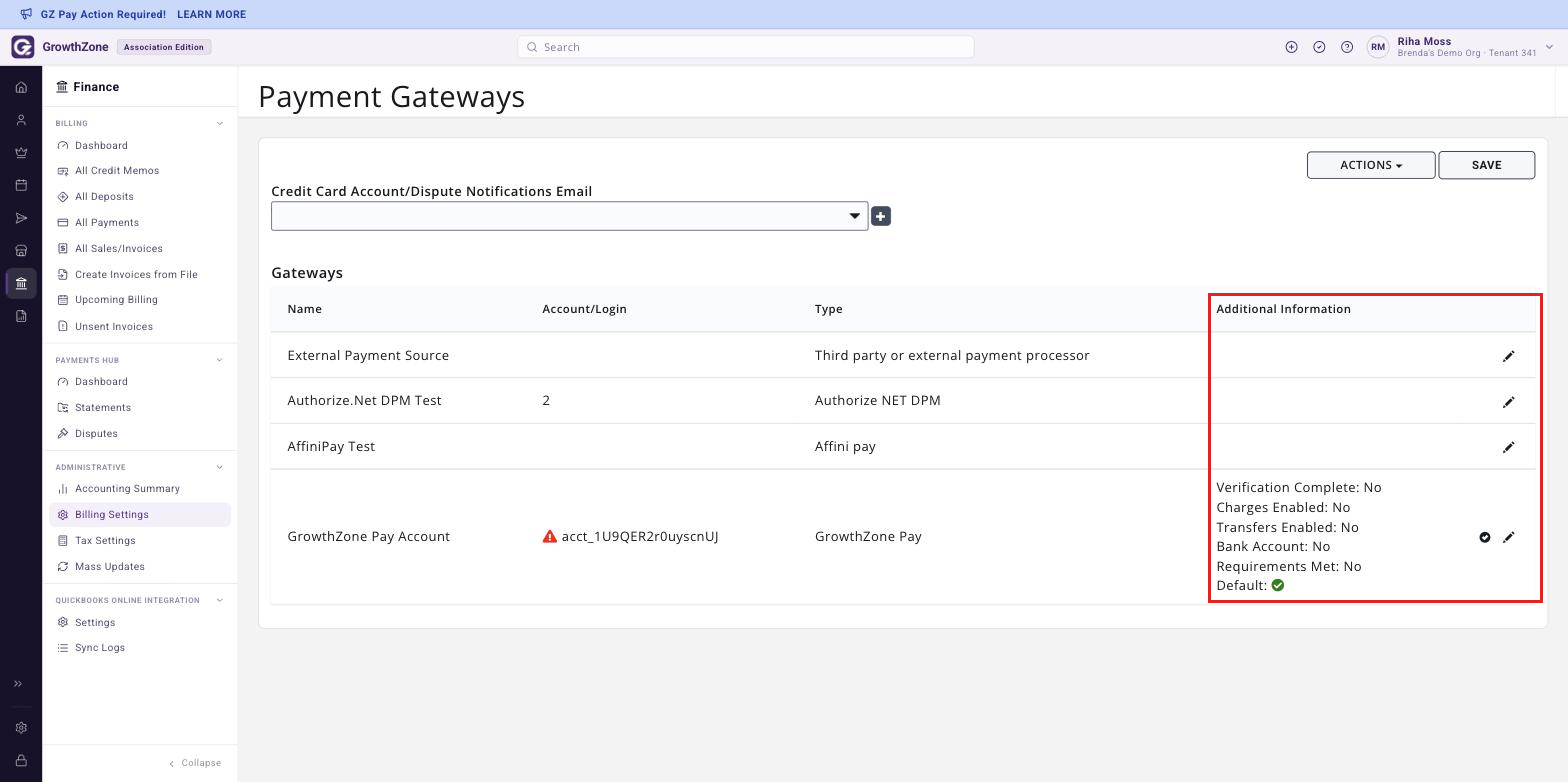 Payment Gateways page with the Additional Information column boxed, showing the Verification Complete, Charges Enabled, Transfers Enabled and Bank Account yes/no values
