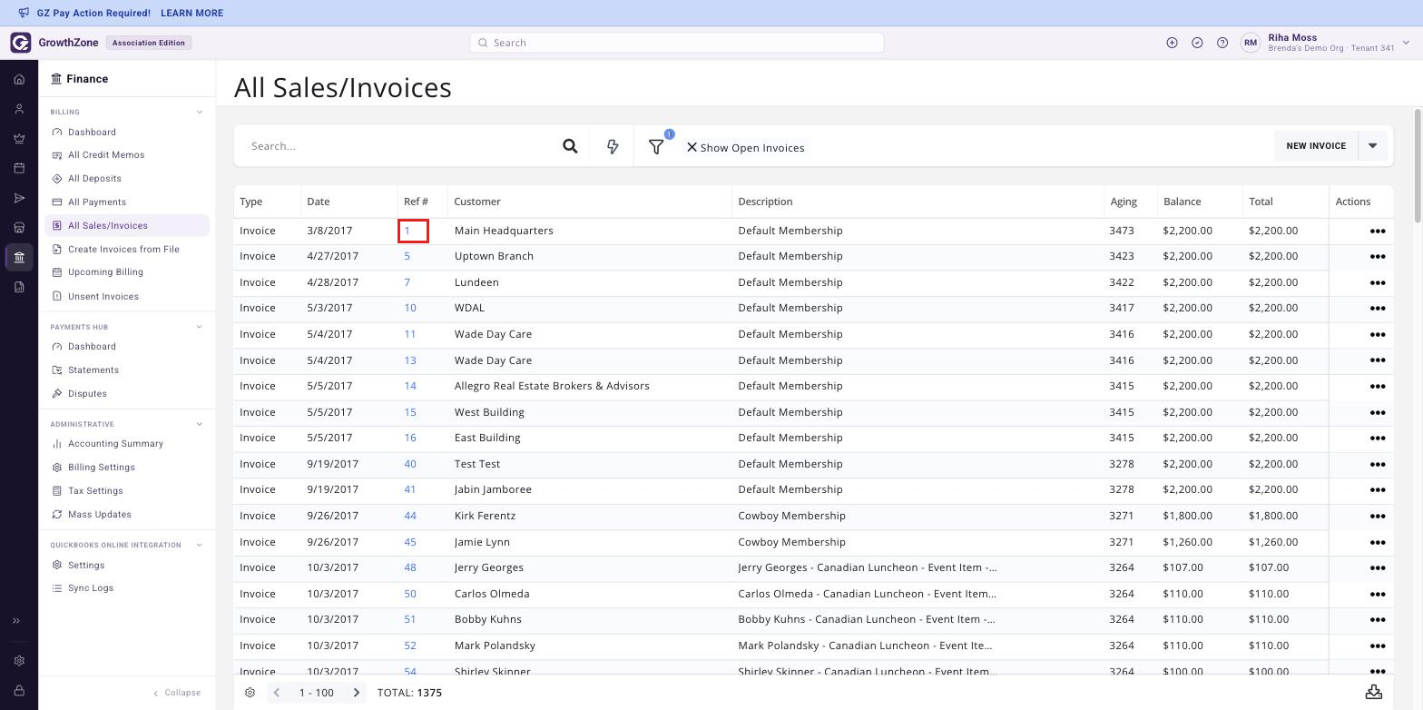 All Sales/Invoices page under the Finance rail, Billing section, filtered to Open Invoices, with one hyperlink in the Ref # column boxed