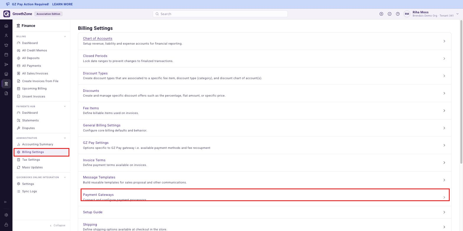 Finance rail expanded to the Billing section with Settings open and Payment Gateways boxed