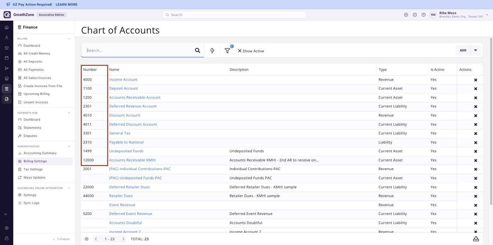 Chart of Accounts page with the Number column boxed, showing populated account numbers including a sub-account