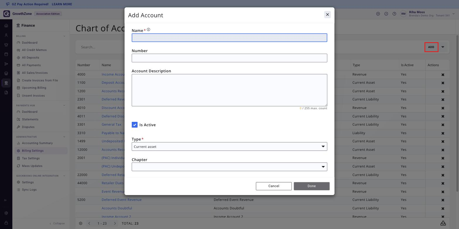 Add Account window showing the Name, Number, Account Description, Is Active, Type and Chapter fields, with the ADD button boxed on the Chart of Accounts page behind it