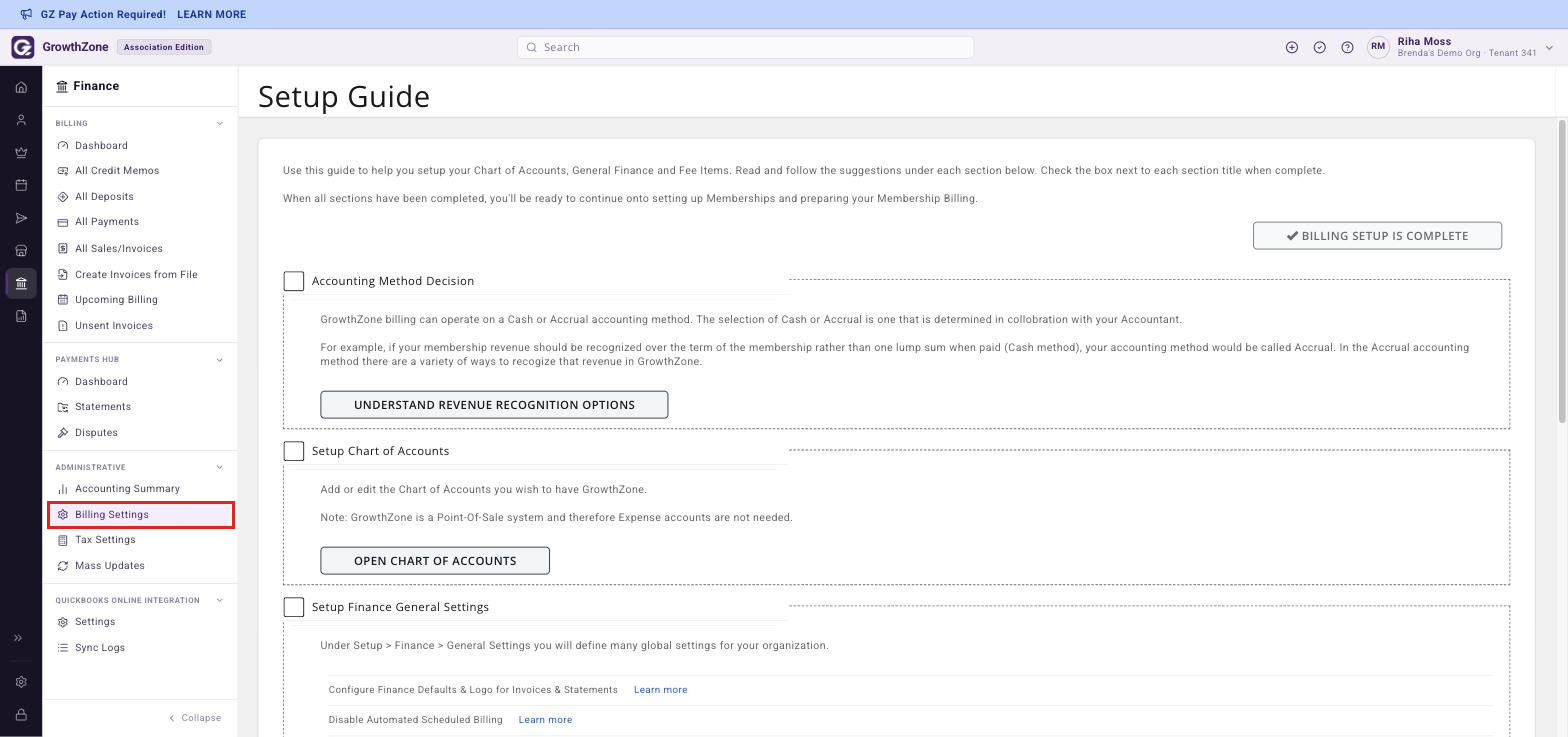 Setup Guide page with the checklist of setup sections visible, and Billing Settings boxed in the Administrative section of the Finance rail
