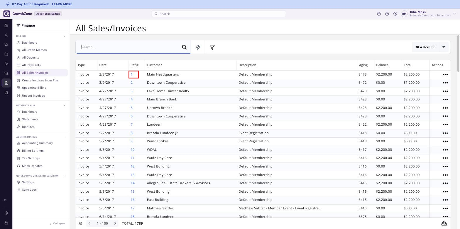 All Sales/Invoices page under the Finance rail, Billing section, with the invoice number hyperlink boxed